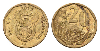 ЮАР 20 центов 2012 герб, цветок протея KM 466 сталь плакированная бронзой aUNC 4687-652