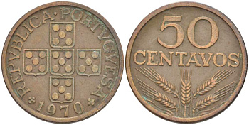 Португалия 50 сентаво 1970 KM 596 бронза 4523-612