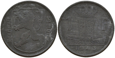 Бельгия 1 франк 1943 Belgique - Belgie, Леопольд III (1934-1947), германская оккупация, Вторая мировая война KM 127 цинк 4161-515