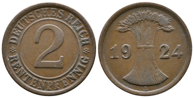 ГЕРМАНИЯ 2 РЕНТЕНПФЕННИГА 1924 A KM 31, J.307 бронза 86-1014