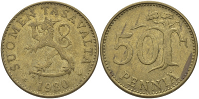 ФИНЛЯНДИЯ 50 ПЕННИ 1980 К KM 48 алюминиевая бронза 28-141