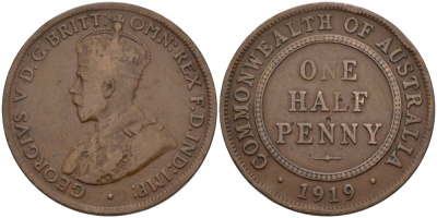 АВСТРАЛИЯ 1/2 ПЕННИ 1919 ГЕОРГ V KM 22 бронза 67-1215