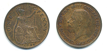 Великобритания 1 пенни 1936 Георг V (1910-1936) KM 838, Spink 4055 бронза 54-2217