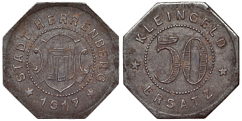 Германия, Херренберг 50 пфеннигов 1917 Баден-Вюртемберг, нотгельд железо 4119-1252