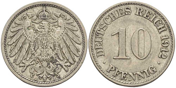 ГЕРМАНИЯ 10 ПФЕННИГОВ 1912 A KM 12, J. 13 медно-никель 33-155
