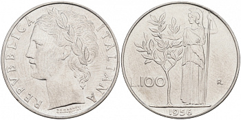 ИТАЛИЯ 100 ЛИР 1956 R, АФИНА KM 96.1 нержавеющая сталь 73-433
