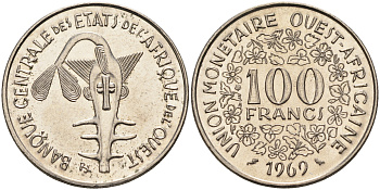 Валютное сообщество стран Западной Африки 100 франков 1969  KM 4 никель  UNC  4595-745