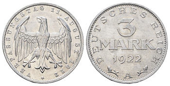 Германия 3 марки 1922 A, 3-я годовщина Веймарской конституции KM 29 алюминий UNC 4654-436