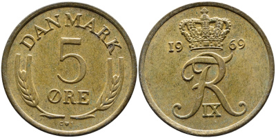 ДАНИЯ 5 ЭРЕ 1969 C; S, ФРЕДЕРИК IX (1947-1972) KM 848.1 бронза 4391-1234