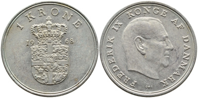 ДАНИЯ 1 КРОНА 1968 C; S, ФРЕДЕРИК IX (1947-1972) KM 851.1 медно-никель 4391-1243