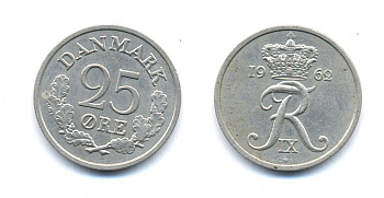 ДАНИЯ 25 ЭРЕ 1962 С; S, ФРЕДЕРИК IX (1947-1972) KM 850 медно-никель 51-4426