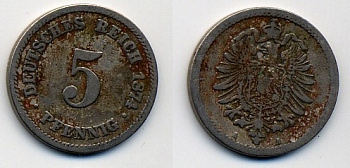 ГЕРМАНИЯ 5 ПФЕННИГОВ 1874 A, СТАРОГЕРБОВКА KM 3, J. 3 медно-никель 35-1321