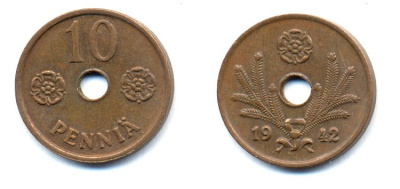 ФИНЛЯНДИЯ 10 ПЕННИ 1942 KM 33.1 медь 51-4947