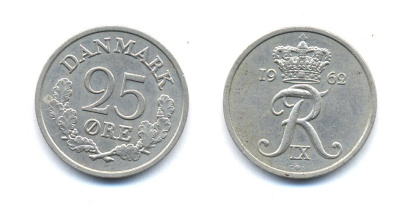 ДАНИЯ 25 ЭРЕ 1962 С; S, ФРЕДЕРИК IX (1947-1972) KM 850 медно-никель 51-4426