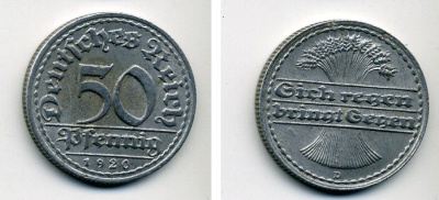 ГЕРМАНИЯ 50 ПФЕННИГОВ 1920 D KM 27, J. 301 алюминий 57-121