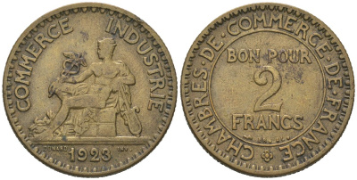 Франция 2 франка 1923 KM 877, Le Franc 267/5 медь алюминий 4582-223