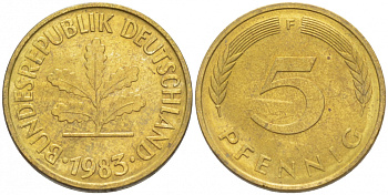 ФРГ 5 ПФЕННИГОВ 1983 F KM 107, J. 382 сталь плакированная латунью 3996-1158