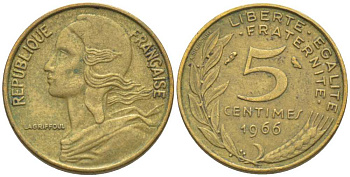 ФРАНЦИЯ 5 САНТИМОВ 1966 ТИП MARIANNE KM 933, LE FRANC 125.2 алюминиевая бронза 116-437