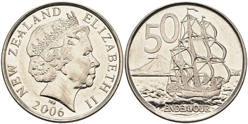 Новая Зеландия 50 центов 2006 Елизавета II (1952-2022), парусник Индевор KM 119а никелированная сталь 4579-1033