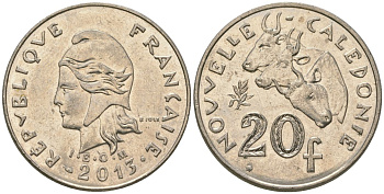 Французская Новая Каледония 20 франков 2013 три быка, (IEOM) KM 12a, Schoen 14a медно-никель 4137-435