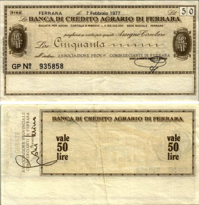 Италия 50 лир 1977 7 февраля 1977 Banca Di credito agrario Di ferrara бумага 7222-72-2-1