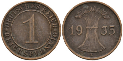 Германия 1 рейхспфенниг 1935 E KM 37, J. 313 бронза 4516-239