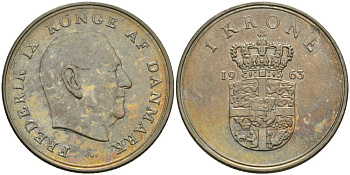 Дания 1 крона 1963 Фредерик IX (1947-1972) KM 851.1 медно-никель 4579-315