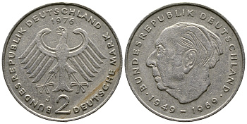 ФРГ 2 МАРКИ 1976 J, ТЕОДОР ХОЙС KM 127, J. 407 медно-никель плакированный никелем 47-744