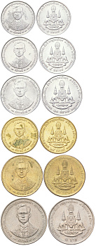 Таиланд набор из 6 монет (1, 5, 10, 25 и 50 сатангов; 1 бат) 1996 BE 2539, Рама IX (1946-2016), 50 лет правлению Короля Рамы IX KM 342, 343, 344, 345, 346 и 347 алюминий, алюминиевая бронза, медно-никель UNC 4614-241-246