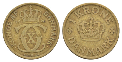 Дания 1 крона 1926 HCN, Кристиан X (1912-1947) KM 824 алюминиевая бронза 4657-342