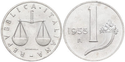Италия 1 лира 1955 R, весы KM 91 алюминий  UNC  4594-744