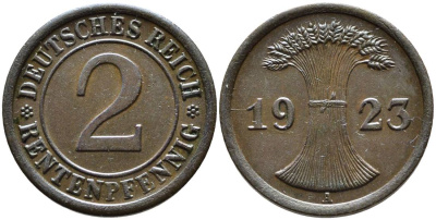 ГЕРМАНИЯ 2 РЕНТЕНПФЕННИГА 1923 А, ВЕЙМАРСКАЯ РЕСПУБЛИКА (1919-1933) KM 31, Jager 307, Weege 3 бронза 4546-751