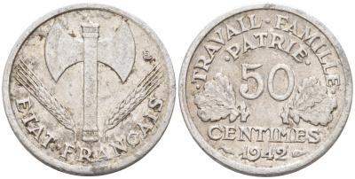 ФРАНЦИЯ 50 САНТИМОВ 1942 ТИП FRANCISQUE, LOURDE, ПРАВИТЕЛЬСТВО ВИШИ KM 914.1, LE FRANC 195.2 алюминий 4588-356
