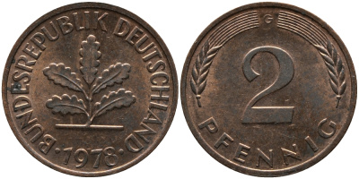 ФРГ 2 пфеннига 1978 G KM 106а, J.381а сталь плакированная медью 99-234