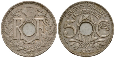 Франция 5 сантимов 1931 тип Линдайё KM 875, Le Franc 122.14 медно-никель 4602-159