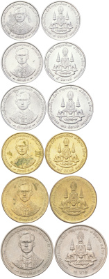 Таиланд набор из 6 монет (1, 5, 10, 25 и 50 сатангов; 1 бат) 1996 BE 2539, Рама IX (1946-2016), 50 лет правлению Короля Рамы IX KM 342, 343, 344, 345, 346 и 347 алюминий, алюминиевая бронза, медно-никель UNC 4614-241-246