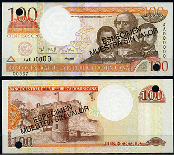 Доминиканская Республика 100 песо 2000 Пуэрта-дель-Конде в Санто-Доминго, Пабло Дуарте, Франциско Санчес, Матас Рамон. "Образец". С диагональной надпечаткой слова "Especimen" и перфорационными отверстиями Pick 167 a s  бумага  UNC (пресс) 451-678-1