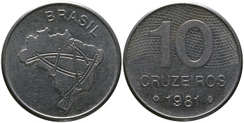 Бразилия 10 крузейро 1981 KM 592.1, Schon 101 нержавеющая сталь 4514-951