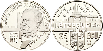 Люксембург 25 экю 1993 Жозеф Беш, один из основателей Евросоюза KM X 36 серебро PROOF 06-236-31