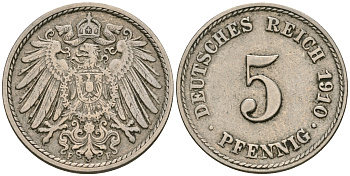 Германия 5 пфеннигов 1910 F KM 11, Jager 12, Weege 6 медно-никель 4608-937