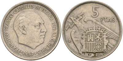 Испания 5 песет 1957 (65) Франсиско Франко (1939 - 1975) KM 786 медно-никель 4155-543