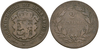 Люксембург 2 1/2 сантима 1854 u, Герцог Виллем III Нидерландский (1849-1890), мондвор Утрехт KM 21 бронза 53-1116