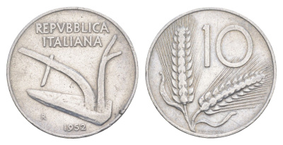 Италия 10 лир 1952 R, плуг, колосья KM 93 алюминий 4551-733