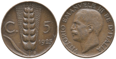 ИТАЛИЯ 5 ЧЕНТЕЗИМО 1925 R, КОЛОС, ВИКТОР ИМАНУИЛ III (1900-1946) KM 59 медь 34-251