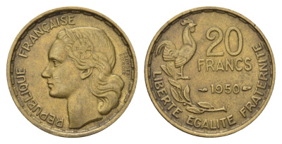 Франция 20 франков 1950 KM 916.1, Le Franc 401.2 алюминиевая бронза 4118-637