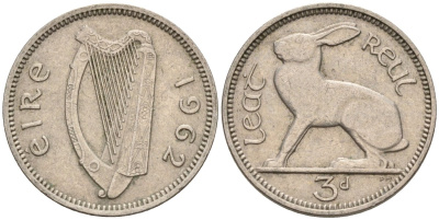 Ирландия 3 пенса 1962 заяц KM 12a медно-никель 4596-1067