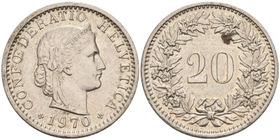Швейцария 20 раппенов 1970 KM 29а медно-никель 4592-922