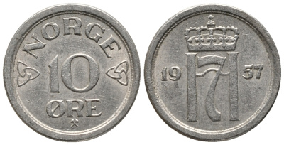 НОРВЕГИЯ 10 ЭРЕ 1957 ХОКОН VII (1905-1957) KM 396 медно-никель 66-147