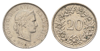 Швейцария 20 раппенов 1963 KM 29a медно-никель 4685-266