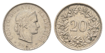 Швейцария 20 раппенов 1963 KM 29a медно-никель 4685-266